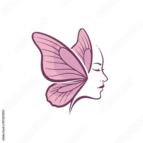 Elegant Butterfly Woman Face Profile Illustration.