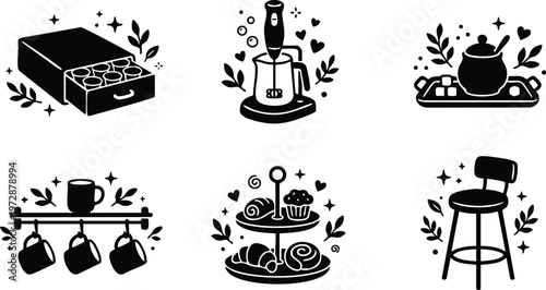 Black and white kitchen icons including matchbox blender teapot mugs pastries and bar stool