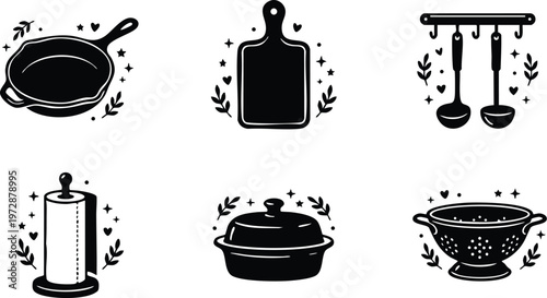 Black and white kitchen utensils vector art set with pan cutting board ladles paper towel pot and colander