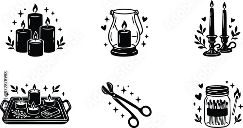 Lit candles scissors and match jar with hearts