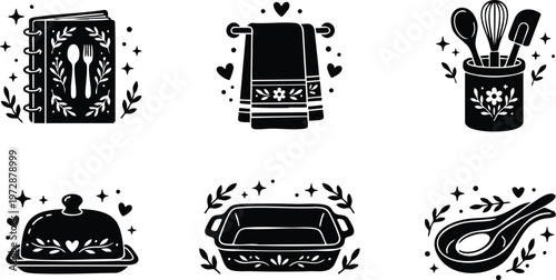 Black and white kitchen utensils and cookware vector art set with floral details