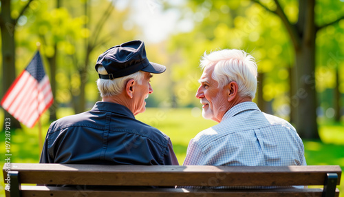 Elderly veterans sharing heartfelt conversation in peaceful park, remembrance, Victory Day