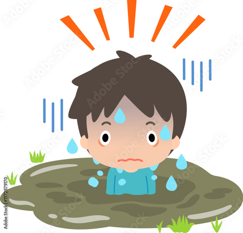 沼にはまって焦っている若い男性