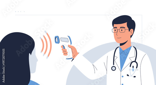 Doctor checking patient's temperature with infrared thermometer, healthcare concept