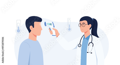 Doctor checking patient's temperature with infrared thermometer, medical checkup, health screening