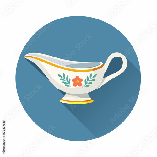 Illustration of a white gravy boat with orange flower and green leaves