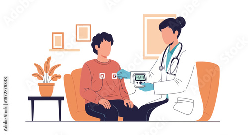 Doctor checks patient's heart rhythm with ECG monitor in a clinic