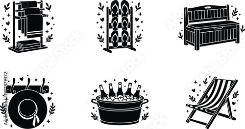 Black and white icons of towel rack flip flop stand storage bench hat rack bucket with bottles and deck chair