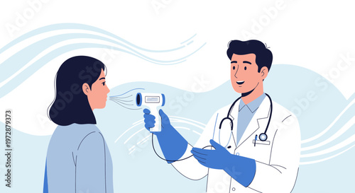 Doctor checks patient's temperature with infrared thermometer, medical screening, healthcare concept