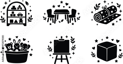 Black and white vector set of kids toys with stars and leaves decoration