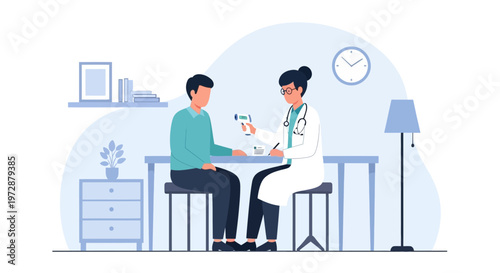 Doctor checks patient's temperature with infrared thermometer during medical examination
