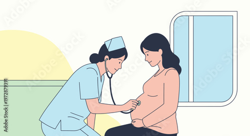 Doctor checks pregnant woman's belly with stethoscope, healthcare concept