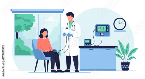 Doctor checks patient's vital signs with medical equipment in clinic room