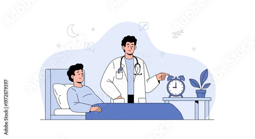 Doctor checks patient's sleep schedule, bedside alarm clock, nighttime hospital room