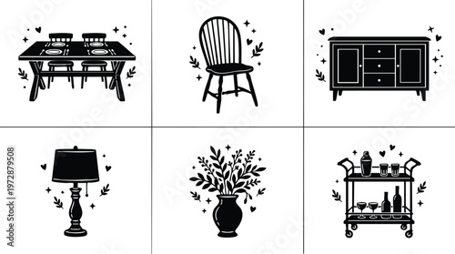 Dining table chair cabinet lamp vase and bar cart