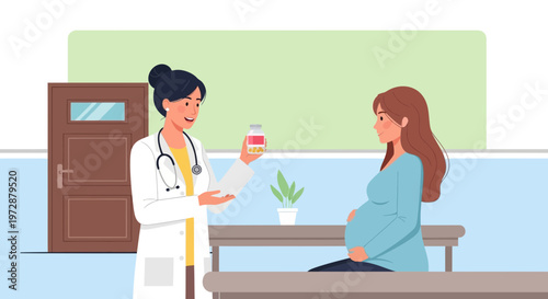 Doctor consults pregnant woman, holding medication bottle, medical examination in clinic