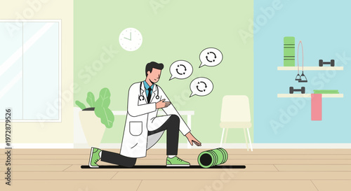 Doctor demonstrating physical therapy exercise with foam roller in clinic