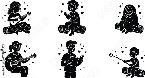 Children sitting on logs playing guitar clapping roasting marshmallows and singing