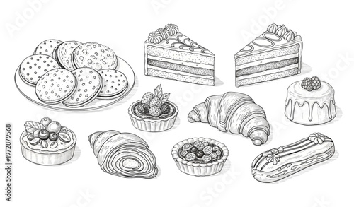 Tea time dessert ink sketch set with biscuits cakes and pastries vintage style