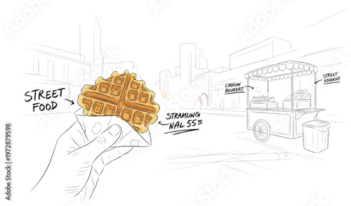 Street bakery dessert ink sketch collection with waffles pancakes and sweets