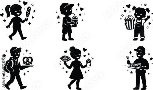 Black and white silhouettes of children enjoying snacks and treats with hearts and stars