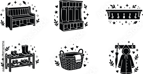 Black and white mudroom storage bench shoe rack coat hooks and basket vector art