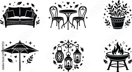 Black and white cozy outdoor patio set with sofa table chairs plant umbrella lanterns and fire pit vector art