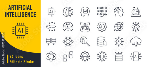 Artificial Intelligence Line Icon Set for Tech and Data Science