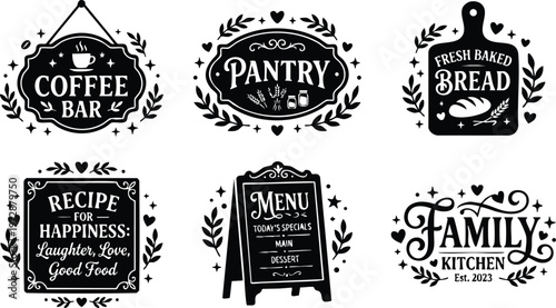 Black and white kitchen quote coffee bar pantry bread family kitchen menu signs vector art