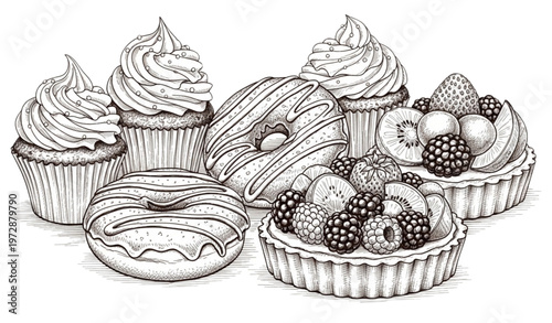 Elegant ink sketch pastry set with cupcakes donuts and tarts detailed line illustration