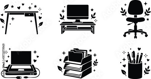 Black silhouette office desk chair computer laptop printer pen holder with leaves and hearts