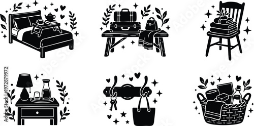 Bedroom essentials including bed luggage basket and nightstand