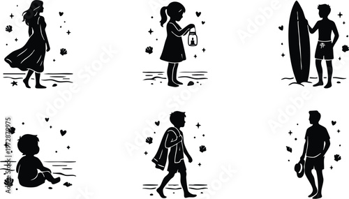 Black and white silhouette children on beach with shells hearts and starfish set