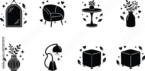 Black and white home decor icons with mirror chair table vase lamp and ottoman