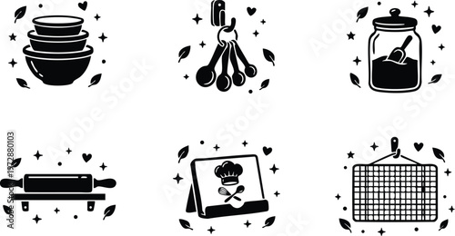 Black and white kitchen utensils bowl measuring spoons rolling pin recipe book and grill vector art