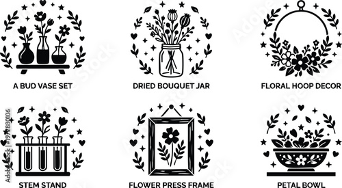 Black and white floral hoop decor dried bouquet jar petal bowl and flower press frame set