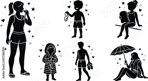 Black and white silhouette people wearing swimwear and summer accessories vector art