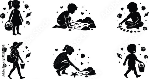 Black and white silhouettes of children collecting seashells on beach vector art