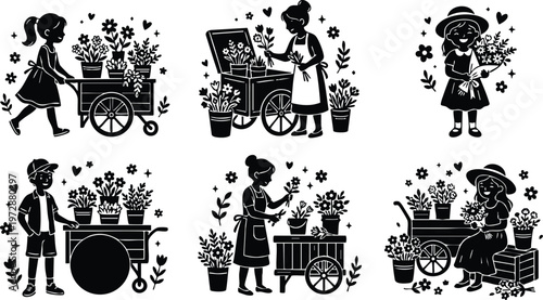 Black and white floral cart girls and boys with plants in garden vector art