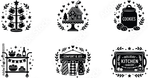 Black and white holiday kitchen cozy comfort and joy baking icons