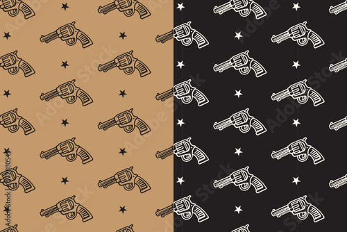 Revolver gun with star retro seamless pattern on tan black background set for western. Handgun with light rustic pattern background for old west. Pistol firearm vintage motif wallpaper for wild west