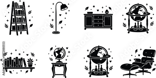 Bookshelf globe lamp and lounge chair icons