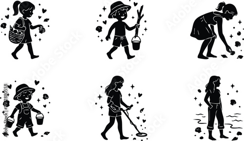 Children collecting seashells and exploring beach