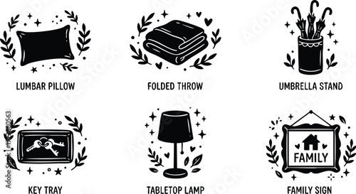 Black and white household item icons including lumbar pillow folded throw umbrella stand key tray tabletop lamp and family sign