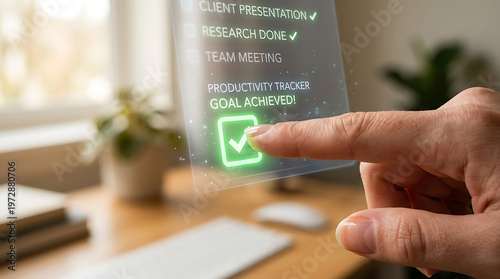 Hand clicking virtual green checkmark button.