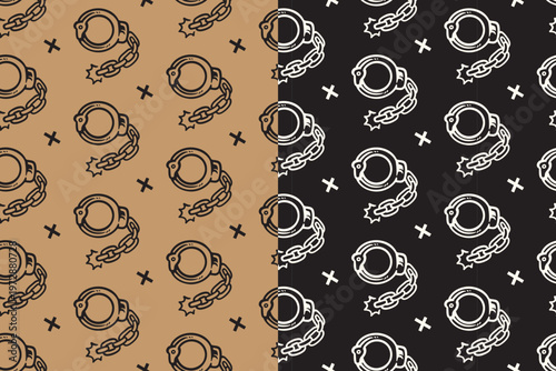 Handcuffs with crossed retro seamless pattern on tan black background set for enforcement. Police cuff with chain hand drawn pattern background for justice. Shackles restraints vintage motif wallpaper