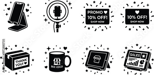 Black and white promotional icons for online shop sales and marketing