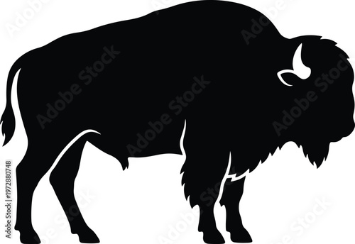 Silhouette of a majestic bison standing in profile against a white background