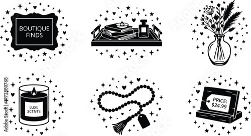 Black and white boutique finds collection with candle vase tray beads and price tag