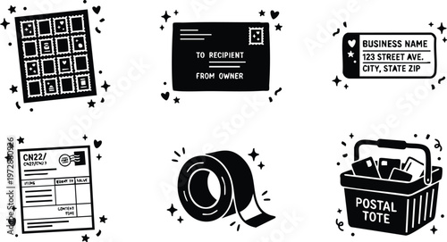 Black and white postal mailing stamps envelope tape and tote vector art